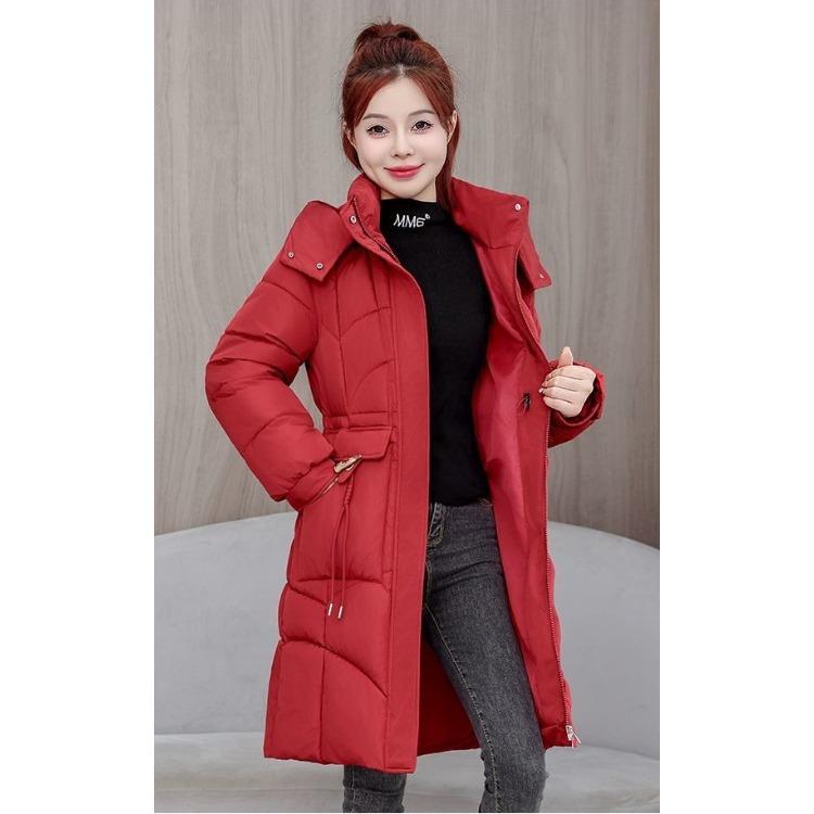 Damen Winter Schlank geschnittener Mittellanger Daunenmantel Dicke Warme Baumwoll-Pufferjacke mit Taillenraffung