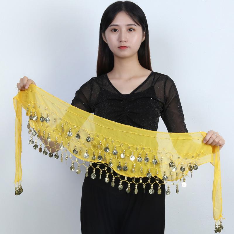 Available: Belly Dance Hip Scarf with 72/83/98/128 Coin Waist Chain - Gold, Three-Layer Design, Indian Style Waist Scarf.