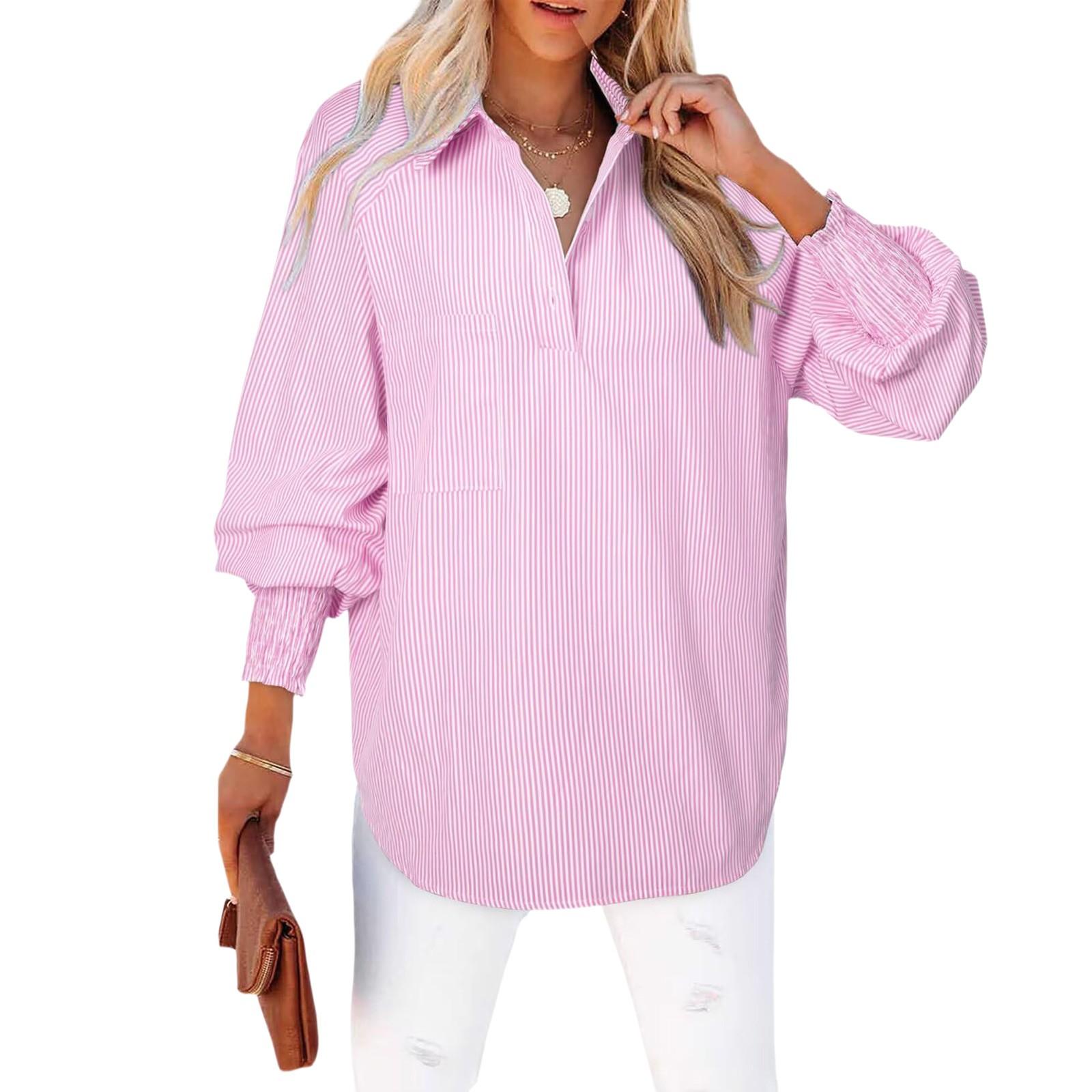 

Женская рубашка с длинным рукавом, однотонная, в полоску, повседневный свободный топ L розовый