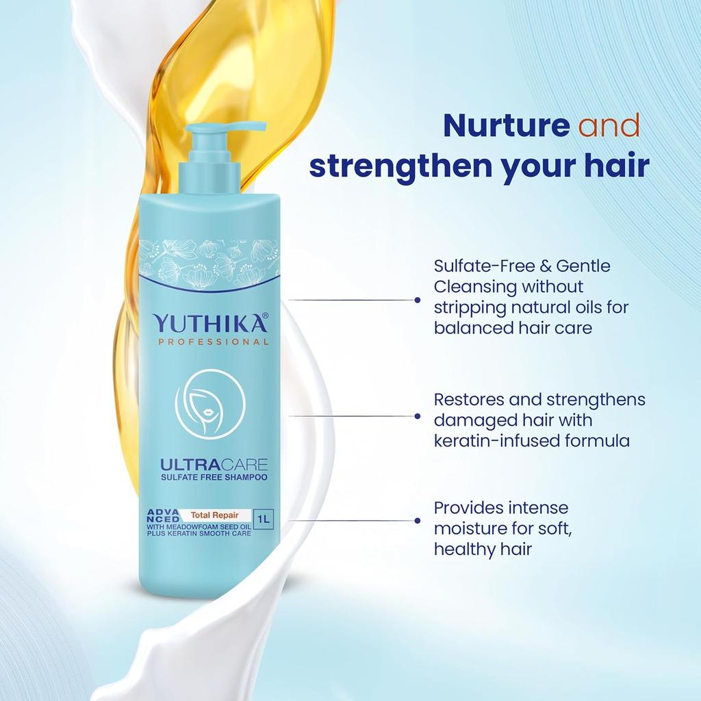 Yuthika Professional Ultracare Sulfatfreies Shampoo 1000 ml für geschädigtes, trockenes, krauses Haar Tägliche Anwendung