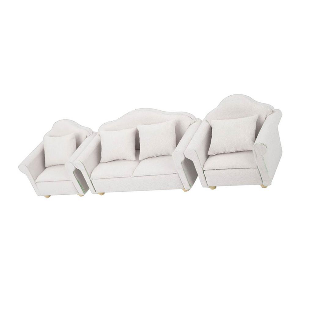 3Pcs 1:12 Mini Doll House Plaid Sofa Cushion Set Accessory Room Furniture ToyWhite