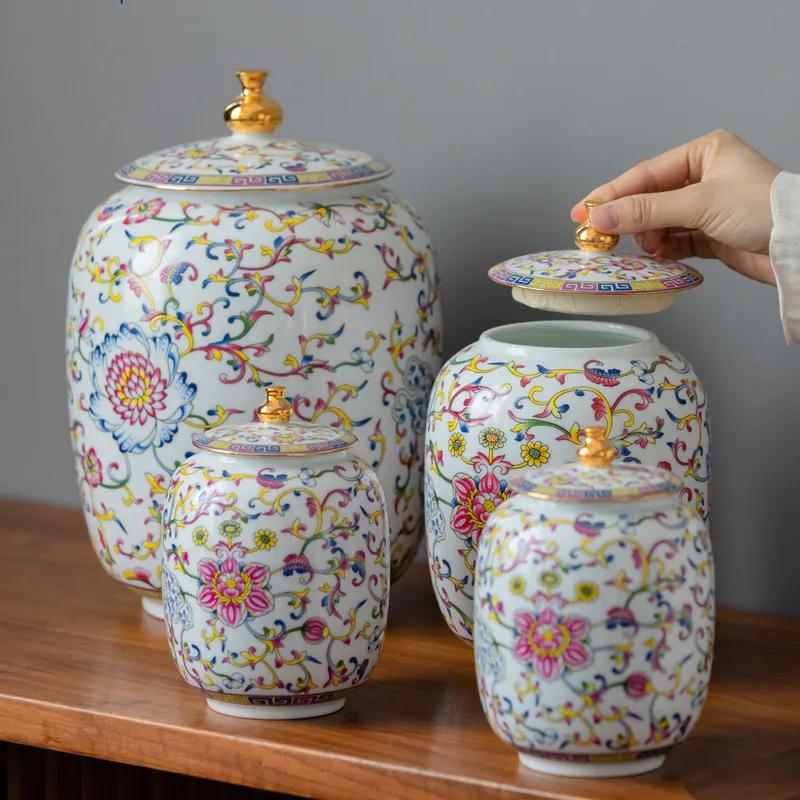 Enamelled Painted Pottery Pot Tea Caddy Ginger Jar Porcelain Canister Storage Tank Tea Organizer Desktop Storage Container