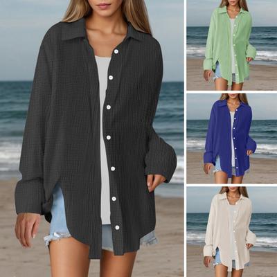 Damen-Shirt mit Revers, langen Ärmeln, Knopfleiste, Hemd, Oberteil, einfarbig, lockere Passform, pflegeleichtes, knitteriges Hemd