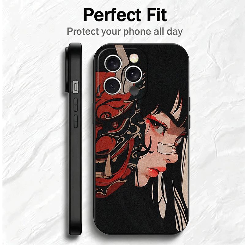 Japanese Oni Mask Girl Soft Phone Case for iPhone 16 16E 17 Air 15 Pro Max 14 Plus 13 Mini 11 12 7 Black Cover Back Shell