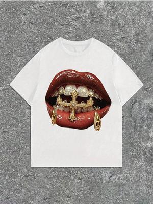 Unisex Women Y2K Golden Lips  Teeth Graphic Print Cotton TShirt Casual Loose Fit Short Sleeve Top Summer Vintage Round Neck Tee