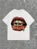 Unisex Damen Y2K Goldene Lippen Zähne Grafikdruck Baumwoll T-Shirt Lässiges Lockeres Kurzarm Oberteil Sommer Vintage Rundhals T-Shirt