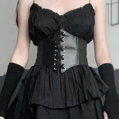 Women Lace-up Corset Wide Elastic Waist Belt Faux Leather Slimming Body Waistband Dress Shirt Decoration