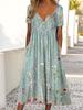Women's Floral Print V-Neck Short Sleeve Button Front Casual Dress with Pockets