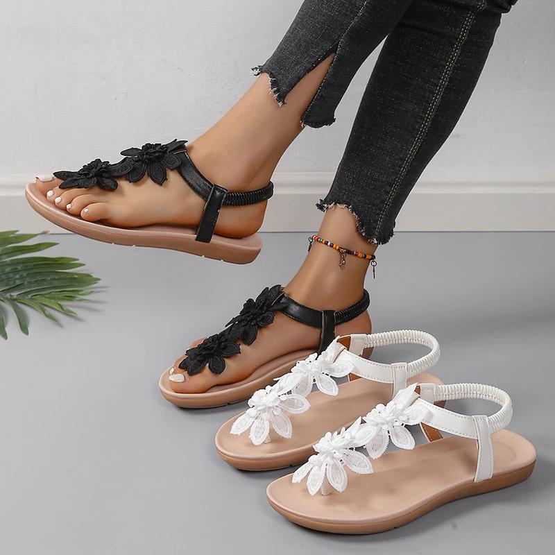 White Floral Sandals Women's Clip Toe Sandals Flat Women Summer Casual Shoes Bohemia Flowers Slip On Beach Ladies Shoes