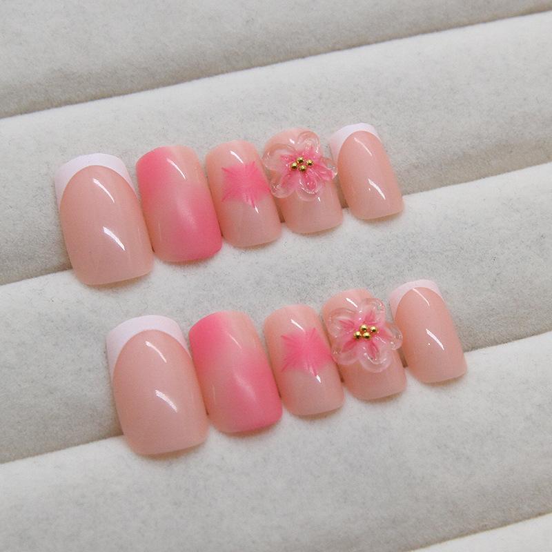 French Manicure Patch Simple Removable Nail Three-Dimensional Flower Wearing Nail Smudging Manicure Piece 24 Fake Nails