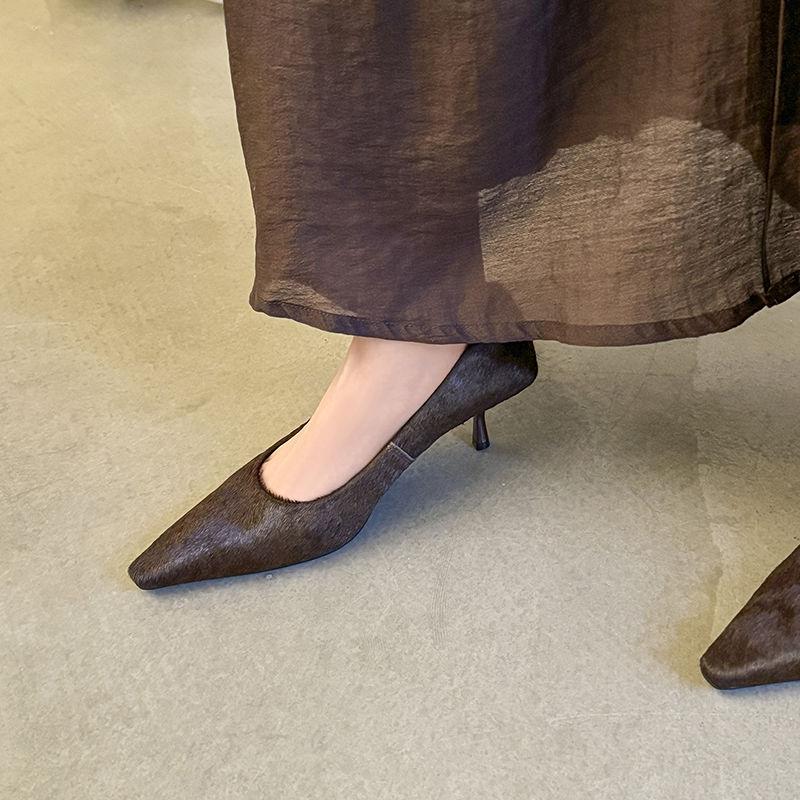 Fashion 2025 New Spring Women Pumps Square Toe Thin Heel Horsehair Leather Shoes for Women Elegant Handmade High Heels Ladies Shoes