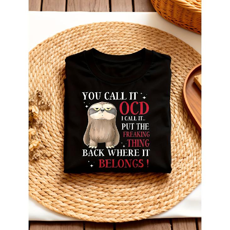 Fun Slow Bear OCD Pattern T-Shirt - You Call It OCD, I Call It Put Things Back Quote, Featuring a Slow Bear Design - Black Crew Neck Short-Sleeve S чёрный