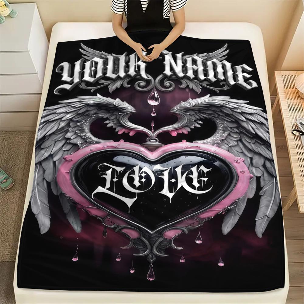 1PC Custom Name Pink Angel Skulls Patterned Flannel Blanket Suitable For All Seasons for Home Decor Warmth and Comfort Gifts Holiday Present_lx