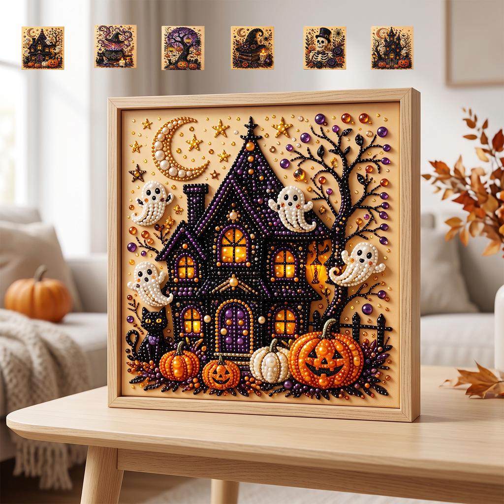 Halloweenové korálkové umění DIY sada Scéna s dýní, duchem a hradem