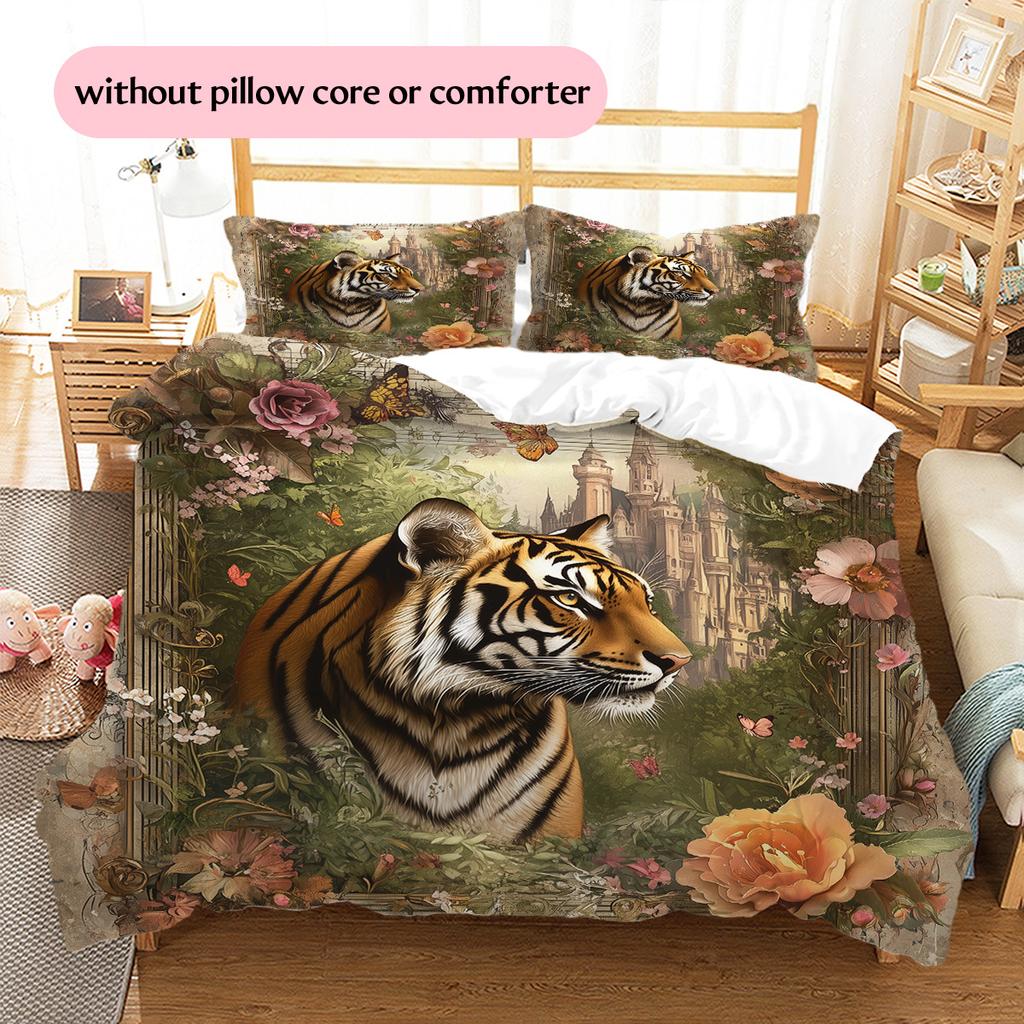 Vintage tiger  Pattern Bedding Quilt Set Quilt Cover Pillowcase Home Decoration  Gift (1 * duvet cover + 2 * pillowcase, without core)