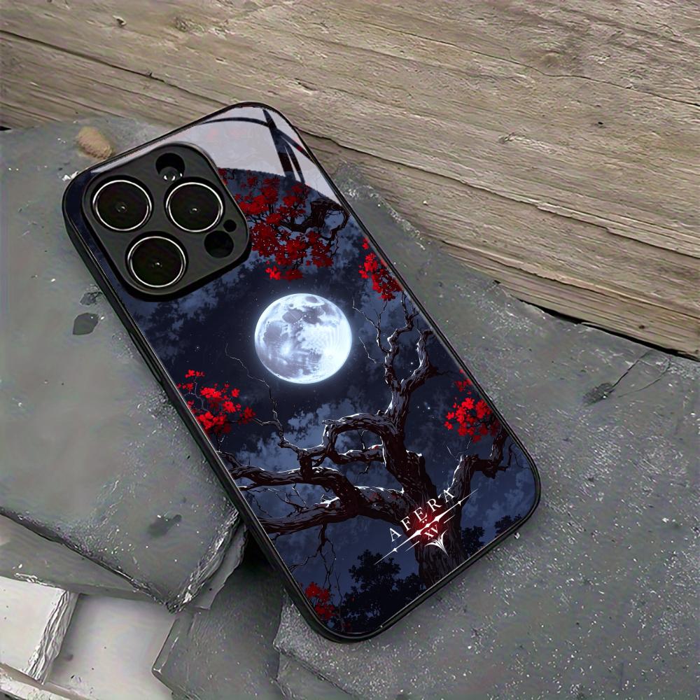 Red Maple Leaves Under a Full Moon Black Glass Case For iPhone 17 16 Pro Max 15 Pro 14 Pro 13 Pro Anti Drop Protective Shell