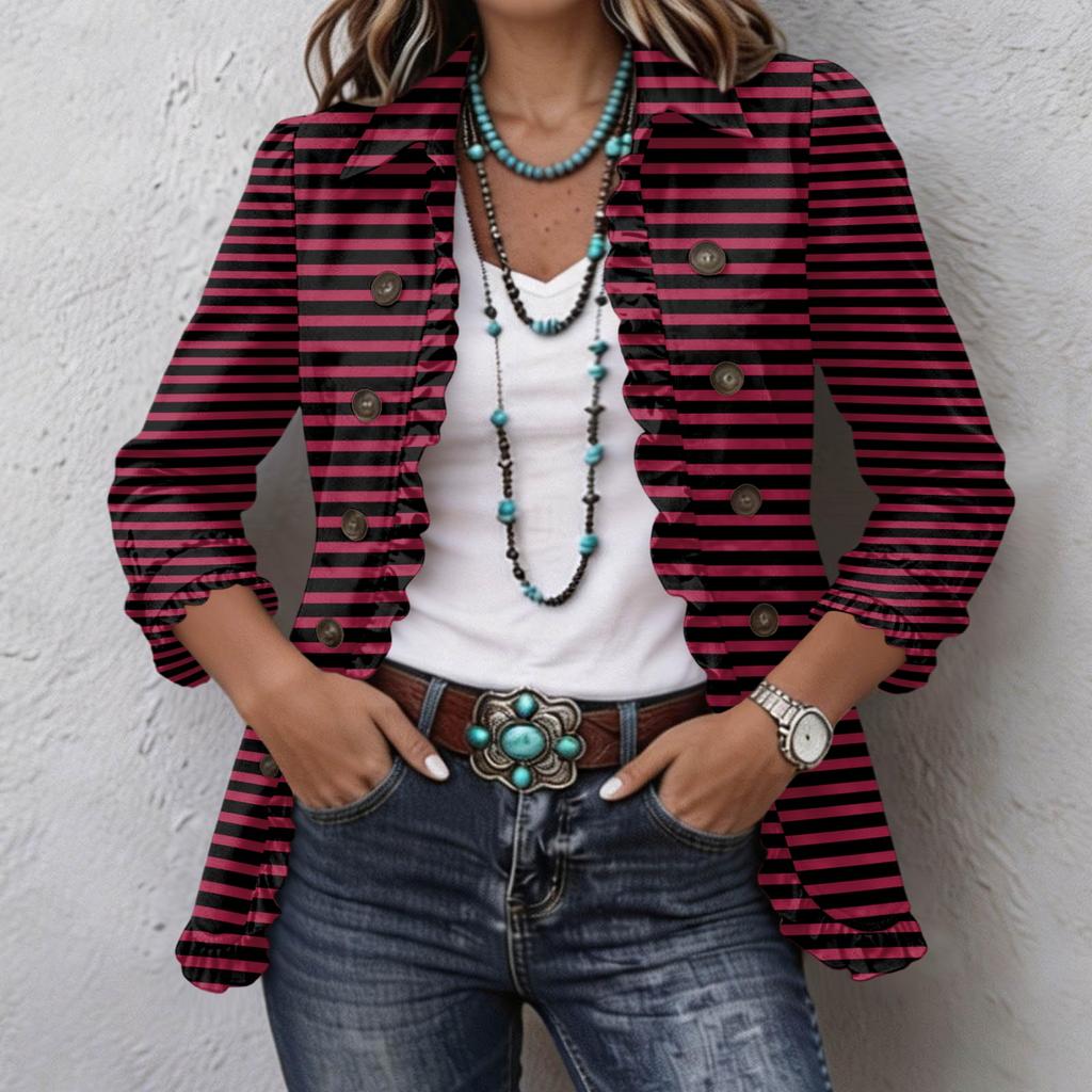 Women's Striped Print Long Sleeve Ruffle Button Front Shirt Jacket for Casual Wear