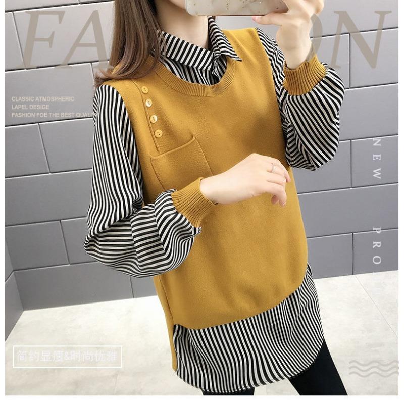 Korean Fashion Fake Two Pieces Blouse Women Casual O-neck Long Sleeve Patchwork Tops