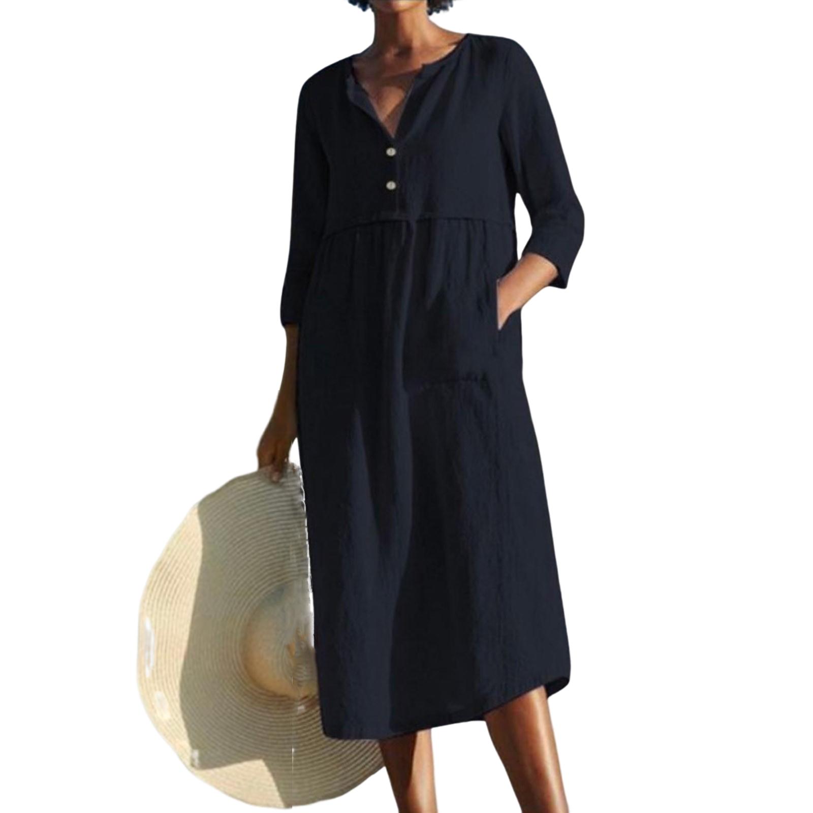 Ladies Casual Round Neck Button Pocket Cotton Linen Mid Sleeve Dress L