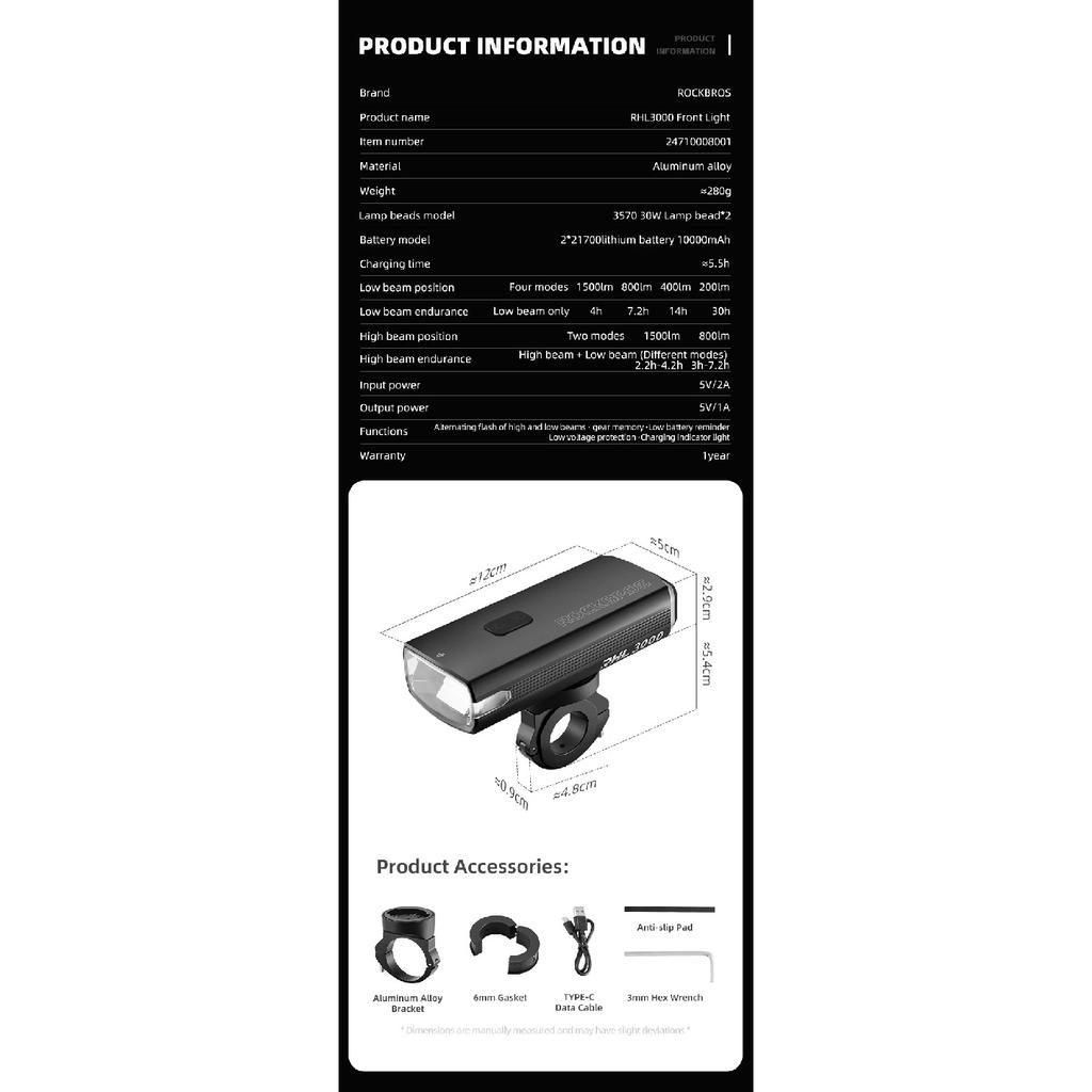 ROCKBROS 3000LM Lampa Rowerowa 10000mAh Power Bank Ładowanie Type-C Lampa Przednia Latarka Rowerowa MTB Kolarstwo Szosowe Błysk Podświetlenie
