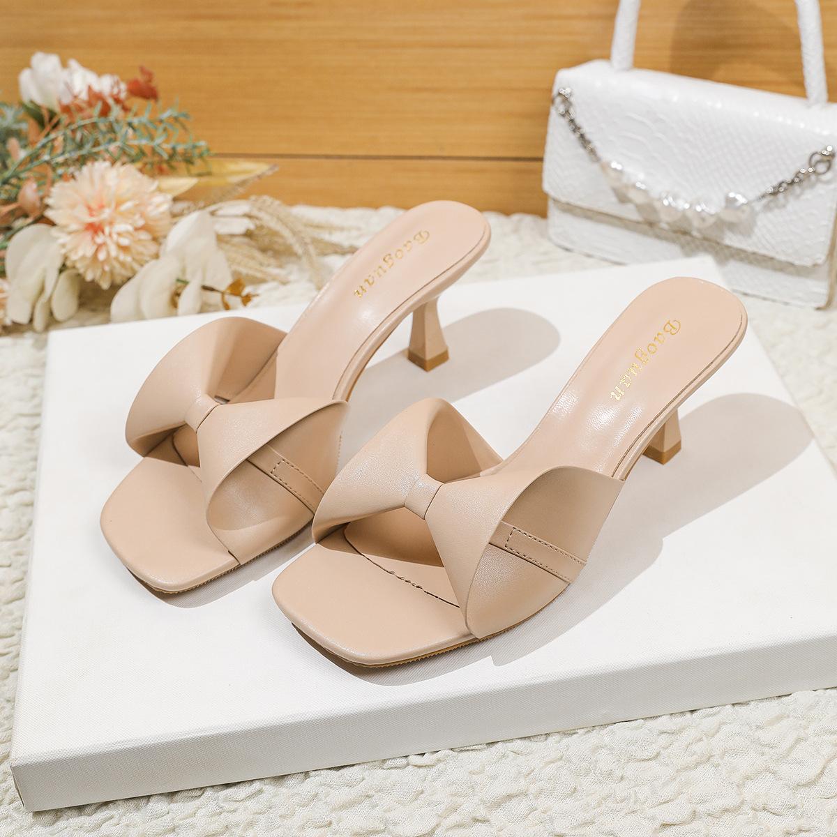 

Summer new sexy bow square head open-toed stiletto sandals femininity high heels women s sandals 34 абрикосовий