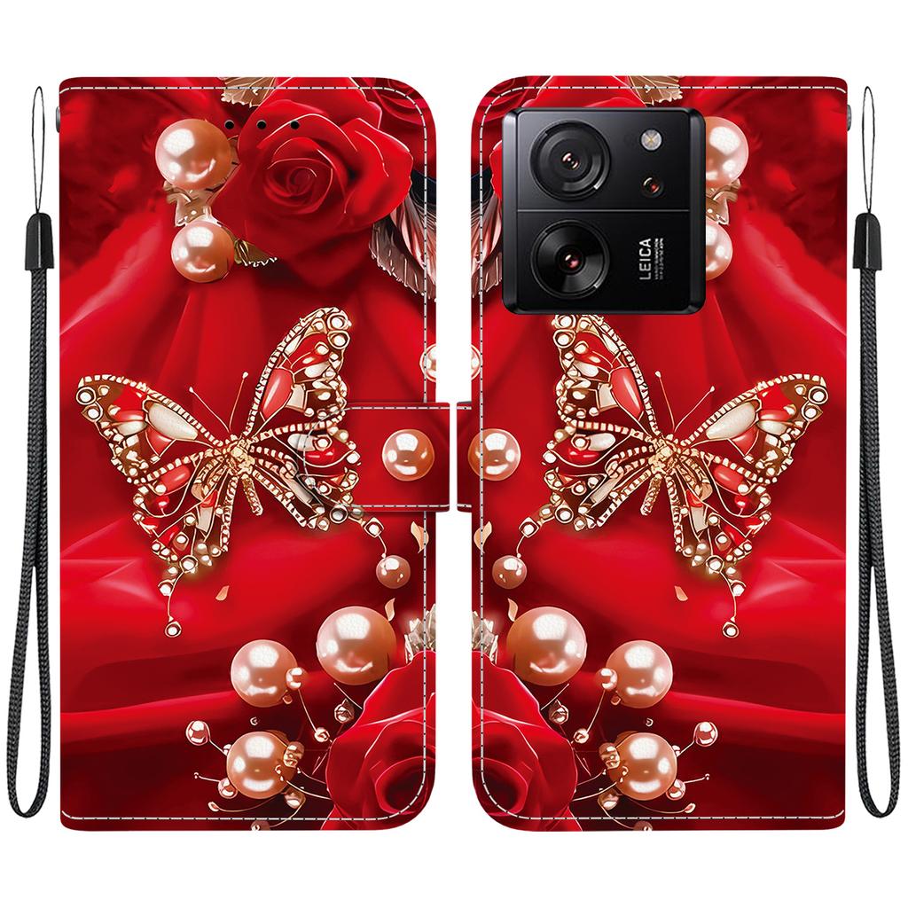 Handgefertigte PU-Leder-Flip-Hülle für Xiaomi 13T / 13T Pro Rutschfeste, stoßfeste Hülle mit Handschlaufe und Herz-/Rosen-/Katzen-Designs