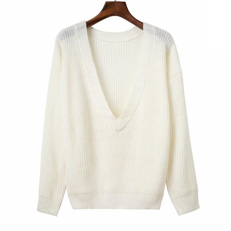 Casual Solid Knit Sweater Ladies V Neck Crew Neck Warm Daily Long Sleeve Blouse