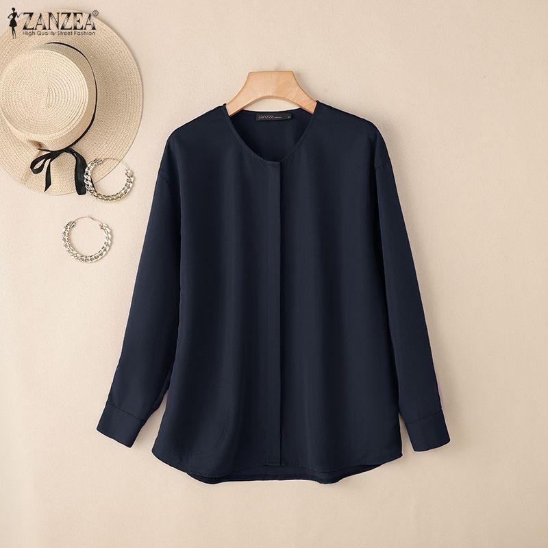 ZANZEA Women Casual Round Neck Loose Long Sleeve Button Blouse