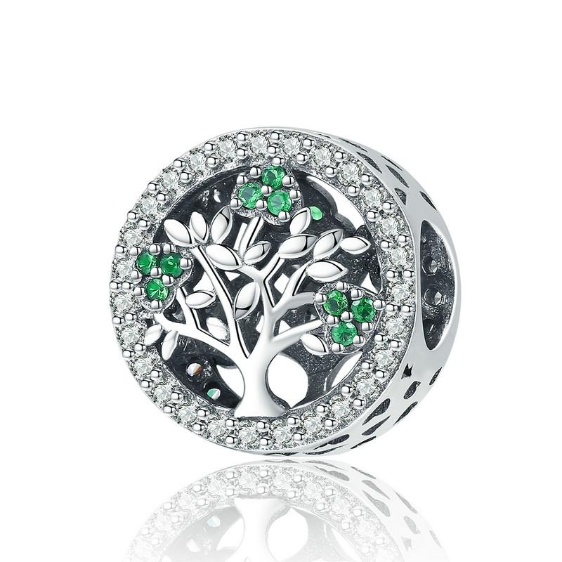 Bamoer 925 Silver Green Transparent Clover Beads The Tree of Life Family Pendant Plant Charms for Women Necklace DIY