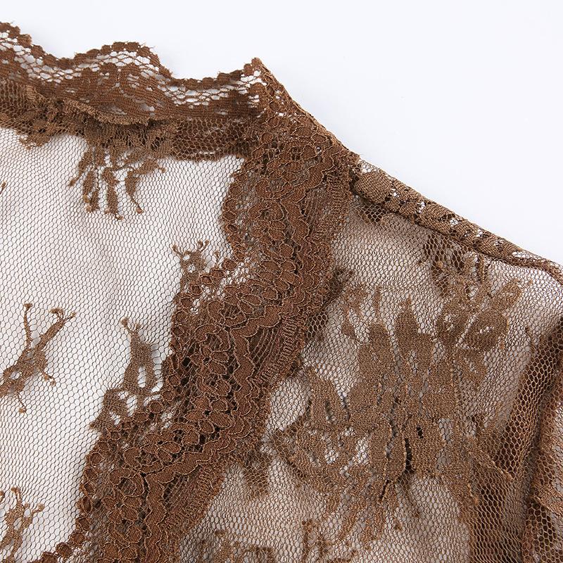 Bluză din dantelă din plasă pentru femei de vară cu mânecă lungă în perspectivă subțire Top guler în V Cardigane din dantelă Cămașă Crop tops