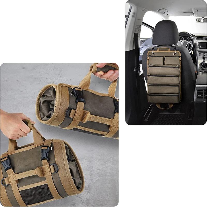 Robuster Roll-Up-Werkzeugtaschen-Organizer mit 4 Werkzeugtaschen und 2 abnehmbaren Taschen.