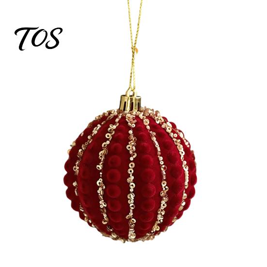 Festive Burgundy Party Supplies Velvet Christmas Ball Ornaments, 3.15 Inch Glitter Flocked Tree Ornaments Decoration, Plastic Shatterproof Hanging