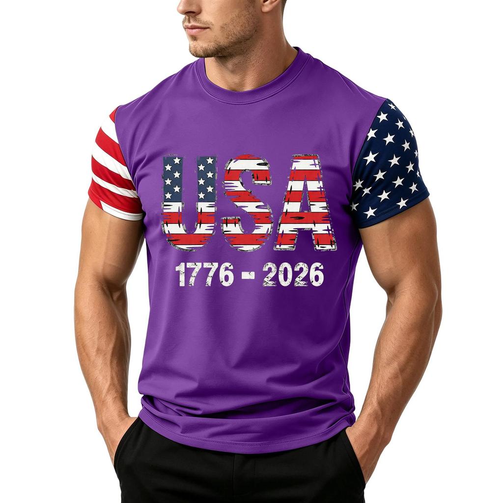 Men's Loose Fit Short Sleeve T Shirt USA Flag Print Casual Summer Daily Wear Crew Neck Top for Outdoor Activities