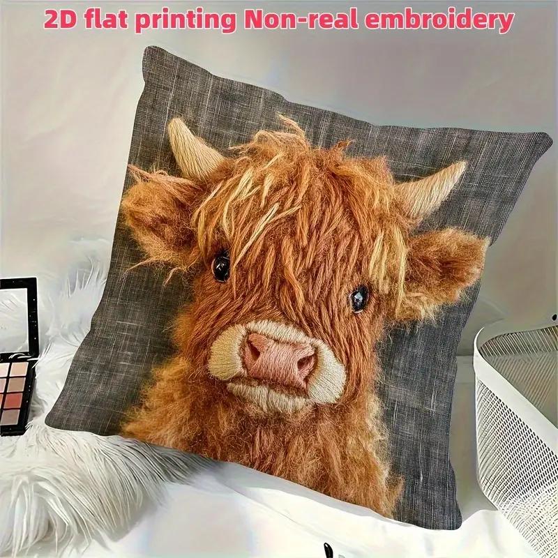2D Flat Print Ultra Soft Short Plush Highland Cow Cute Decorative Pillow Cover, Non-Embroidered, Polyester Single-Sided Printing, Zipper Closure