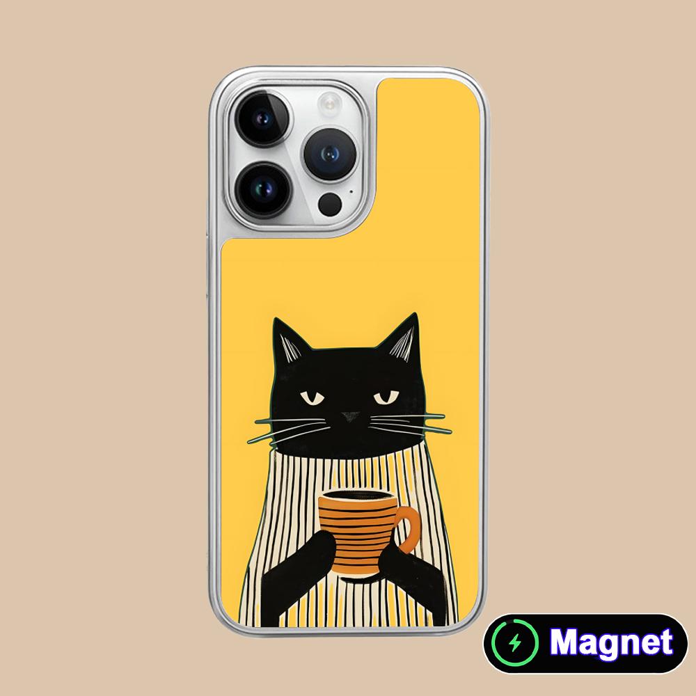 Cute Coffee Cat Silver Plating Magsafe Mobile Phone Case for iPhone 17 16 15 14 13 12 11 Air Pro Max Plus Colorful Cover