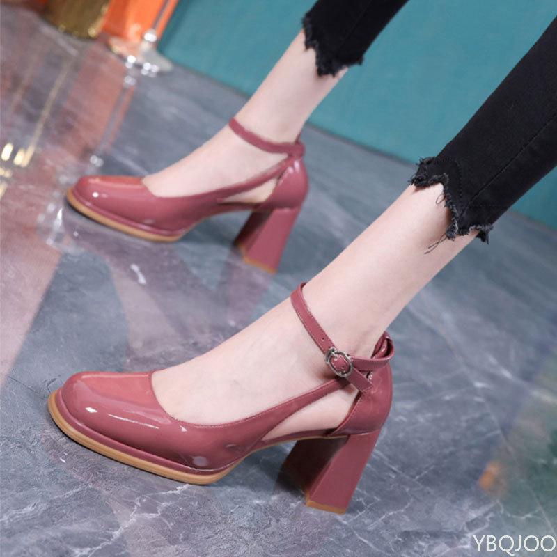 

Женские модные каблуки 2025 Весна Женские элегантные офисные профессиональные туфли Ретро Легкая яркая кожа Мэри Джейн Кожа 40