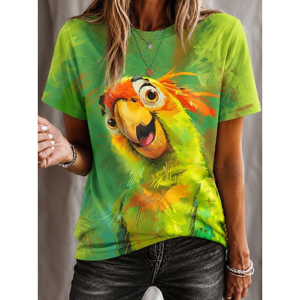 Fashion Women Retro Creative Oil Painting Parrot Print T Shirt Funny Casual O-neck Short Sleeves T-shirt Summer Female Tee Shirt