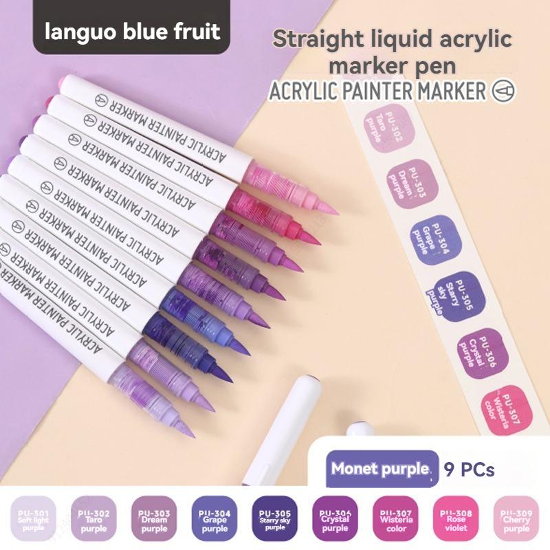 9Colors Straight Liquid Brush Acrylic Paint Pens Set Markers for Rock Painting Wood Canvas Stone DIY Crafts Making Art Supplies