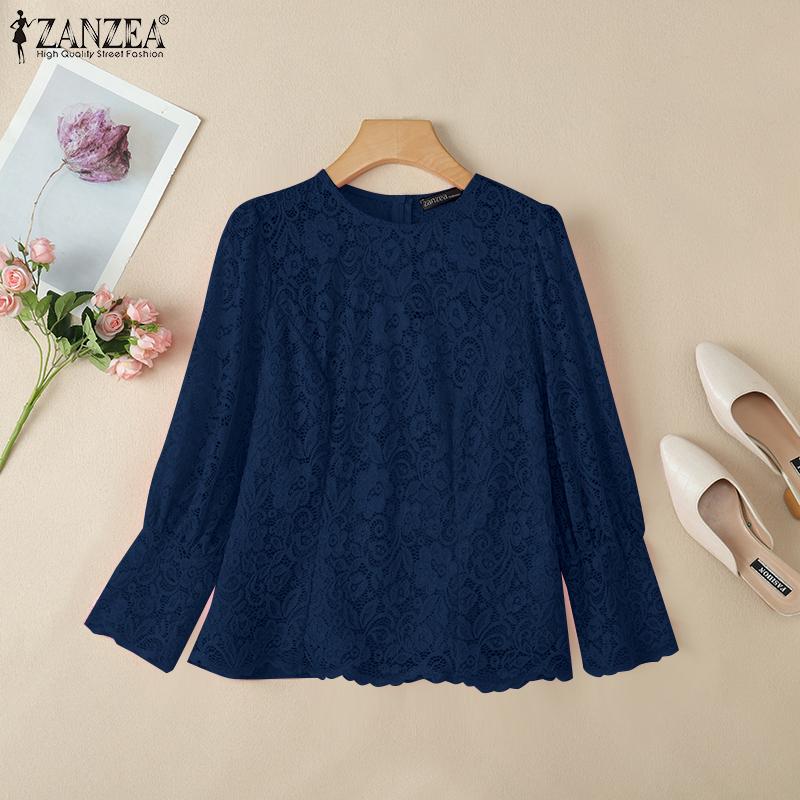 ZANZEA Womens Casual Hollow Out Lace Patchwork Loose Long Sleeve Blouse