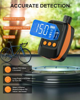Electric Bike Tire Pump 150 PSI with Gauge, Auto Shut-Off, Portable for Presta/Schrader