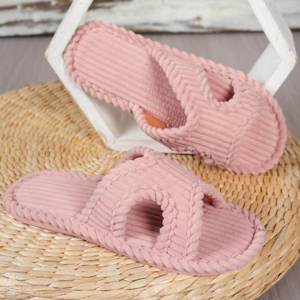 Fashion Solid Striped Women's Cotton Fabric Slippers Indoor Cross Strap Open Toe Flat Flip Flops Autumn Lightweight Comfort Slides