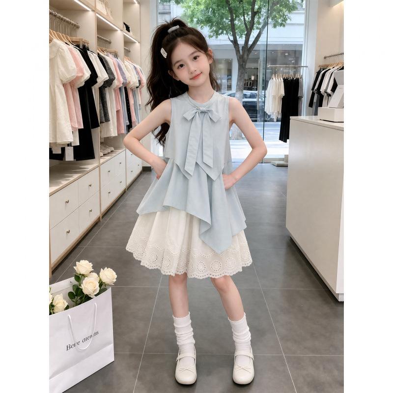 Girls Summer French Sweet Bow Tank Dress Middle Big Kids Princess Fairy Sundress