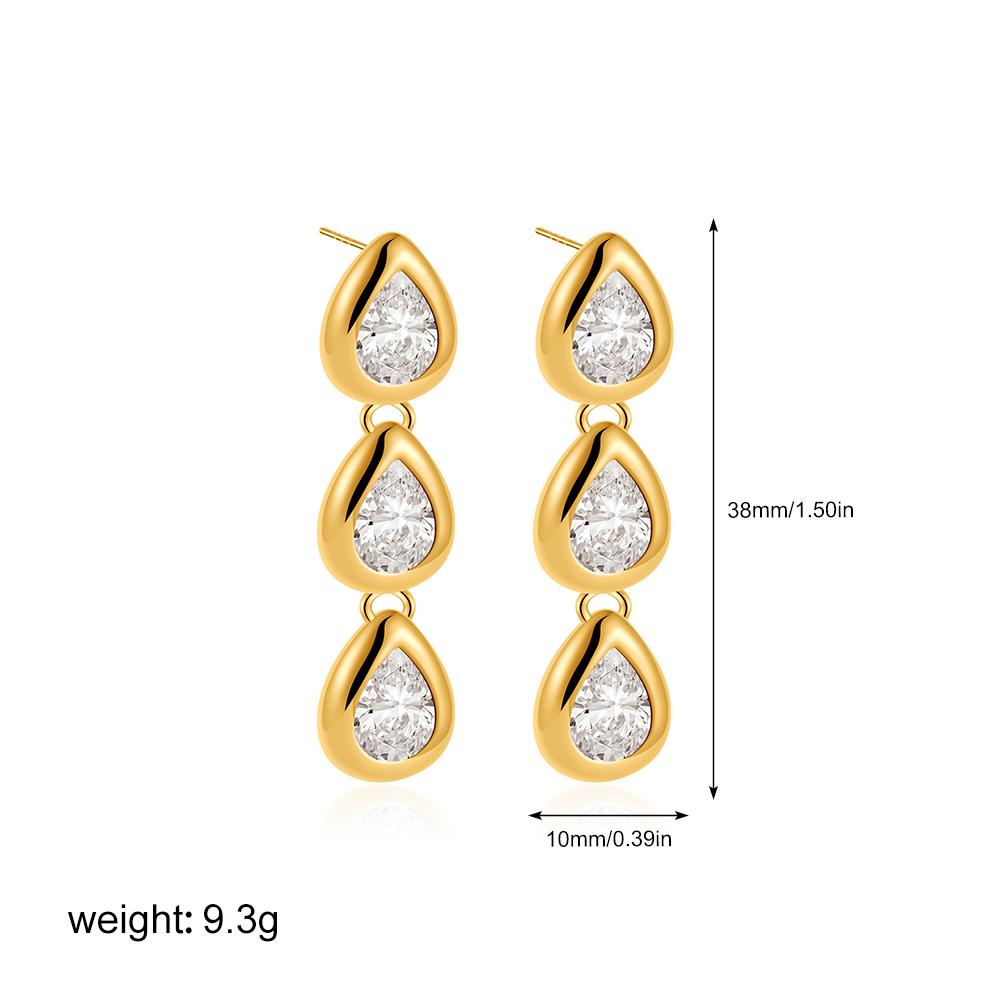 Three Layer Chain Chunky Waterdrop Dangle Earrings for Women Sparkling Thick Teardrop 18K Gold Plated Stud Classic Trend Zircon