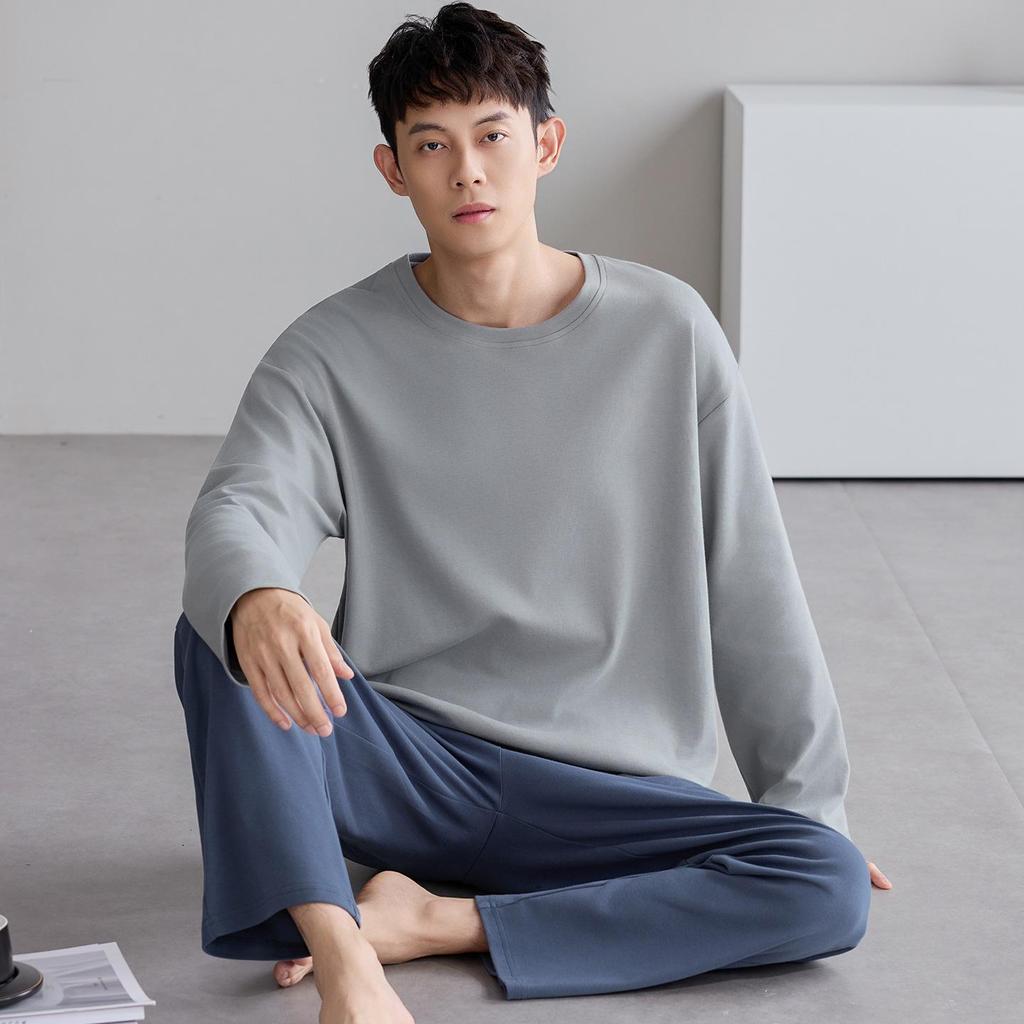 Men's Plus Size Pure Cotton Long-Sleeve Pajamas - Spring & Autumn Style for All Ages