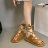 Women's Sandals Summer New Round Toe Open Toe Front Lace-Up Soft Sole Non-Slip Wear-Resistant Flats