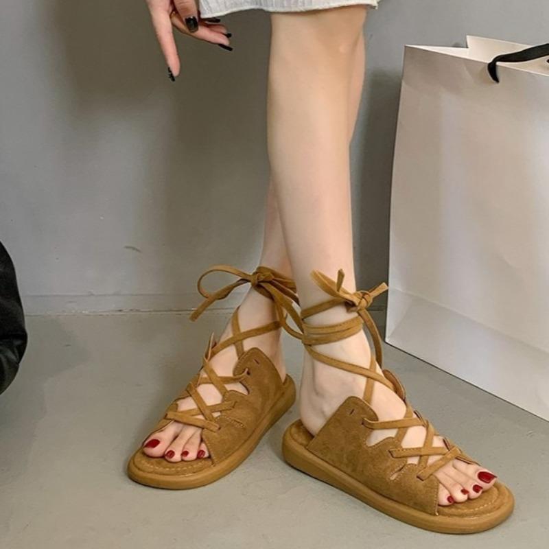 Women's Sandals Summer New Round Toe Open Toe Front Lace-Up Soft Sole Non-Slip Wear-Resistant Flats