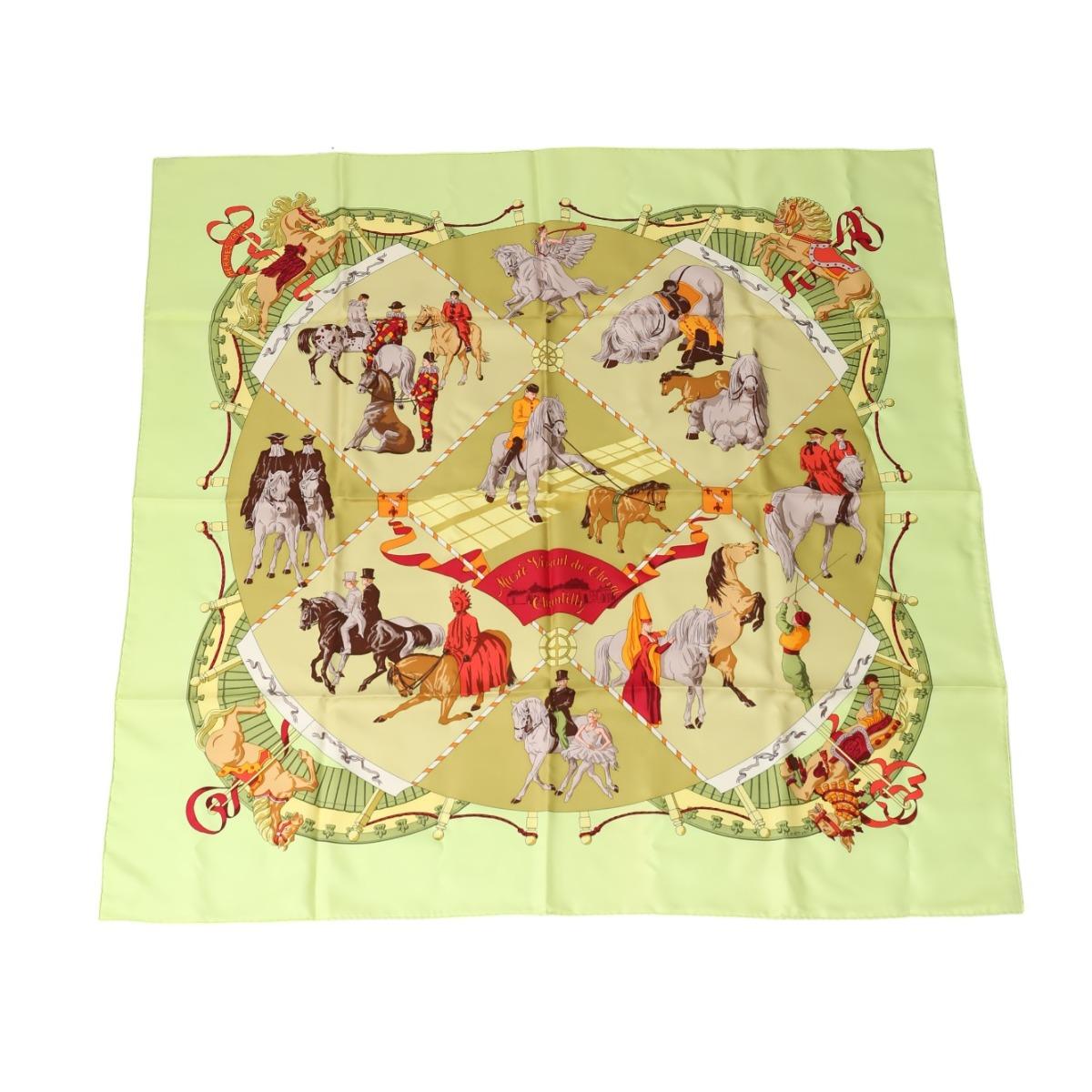 HERMES Chantilly Castle Horse Museum Carre90 scarf Stall silk Yellowish green Used