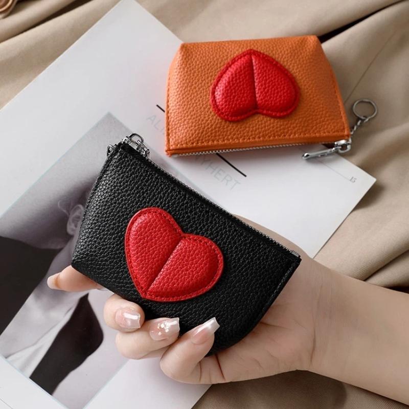 Color-Blocked Heart-Shaped Keychain Wallet Pu Mini Coin Purse For Women