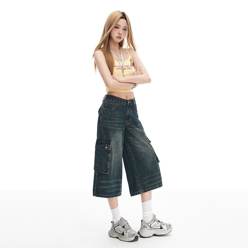Trendy Vintage Pocket Cargo High Waist Loose Straight Wide Leg Cropped Capri Denim Shorts For Women Versatile Slimming FigureFlattering Casual Bottoms