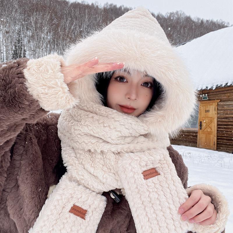 Plush Hat Winter New Hat Scarf Gloves Three Piece Set Integrated Korean Version Cute Thickened Velvet Warm Travel